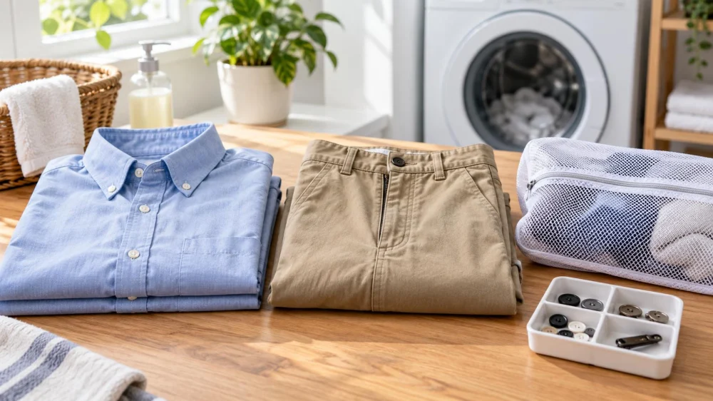 Laundry Button and Zip Prep: Fasten, Protect, and Count