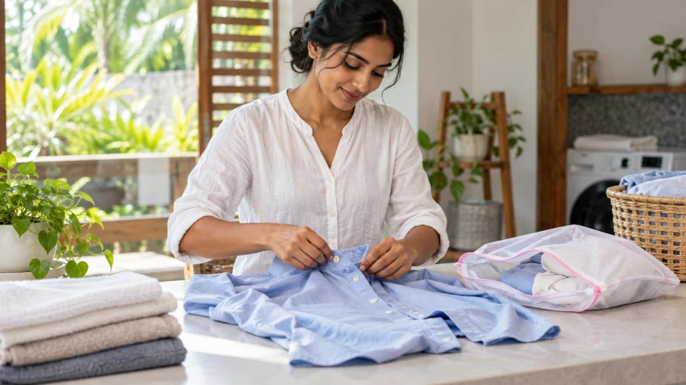 Shirt Button Laundry Prep: Open, Turn, Bag, and Inspect